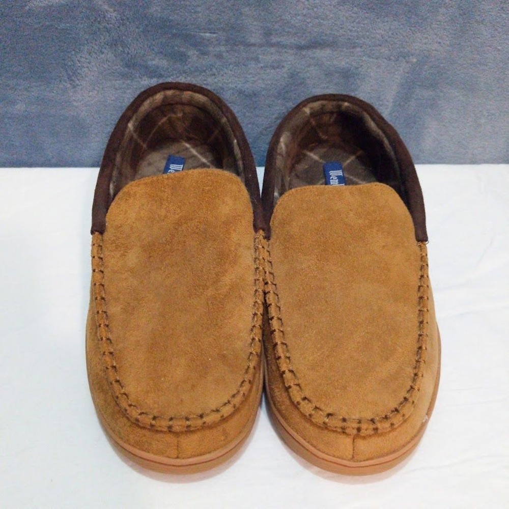 Wembley Mens Faux Suede Moccasin Slippers Brown Plaid Lined XL 11-12